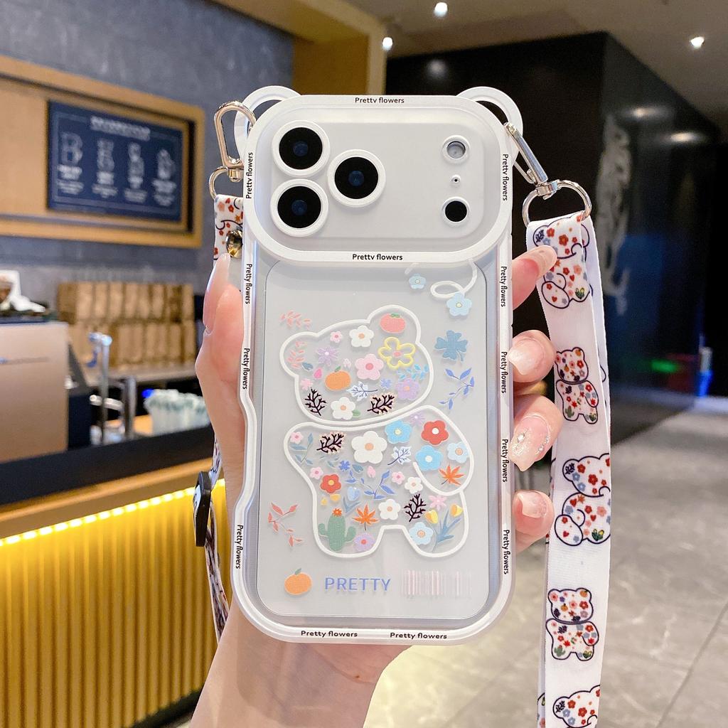 Korean Cute Flower Bear Ears Crossbody Lanyard Case For iPhone 17 16 15 14 13 12 11 Pro Max XS Max 7 8 Plus Cover Women Girl's