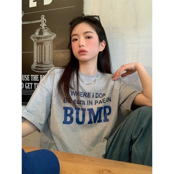 Hong Kong Sle Versatile Retro Letter Print ort Sve T-irt Women's Cotton 00% Casual Faion Top