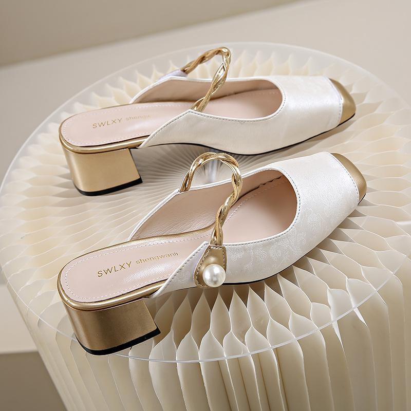 Fashion Baotou High Heel Slippers for Women 2025 Summer Wearing Chinese Style New Chinese Pearl Coarse Heels with Skirts and Slippers