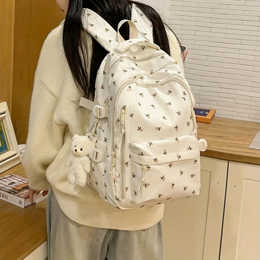 Women's Floral Backpack with Teddy Bear Pendant Large Capacity School Backpack for College, Travel, Everyday Use, Cute Backpack