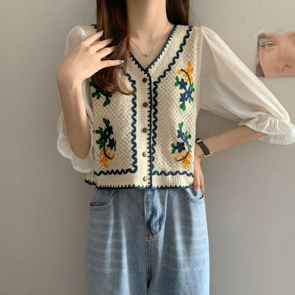 Flower Embroidery Chiffon Sleeve Shirts Button Front Short Top New Crochet Blouse  Women