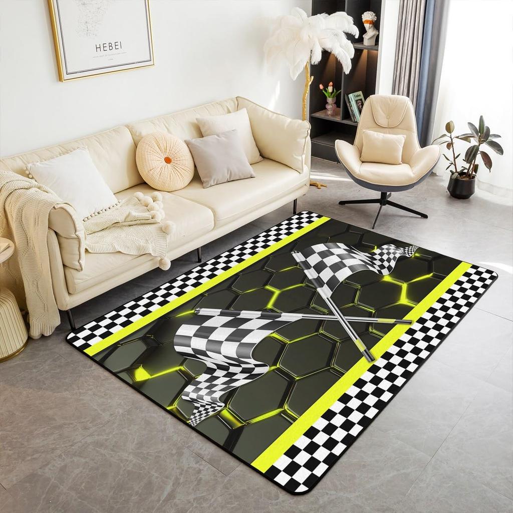 Erosebridal Racing Flag Non Slip Rug 3x5 for Boys Men,Race Car Theme Area Rug,Yellow Glowing Checkered Indoor Floor Mat,Black White Plaid Gr