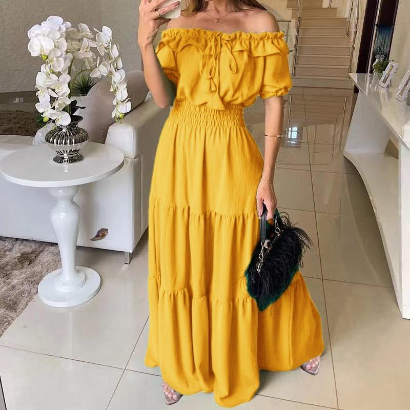 Women's Summer Long Dress New Fashion Solid Color Ruffled Strapless Puff Sleeve Vacation Dress Women Elegant Off Shoulder Sexy A Line Female Dresses