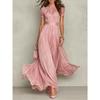 Vintage Vollspitze A-Linie Langes Kleid Damen O-Ausschnitt Hohe Taille Falten Partykleid Sommer Kurzarm Fließende Maxikleider