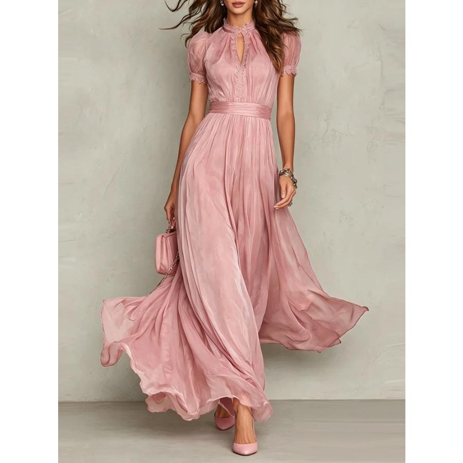 Vintage Vollspitze A-Linie Langes Kleid Damen O-Ausschnitt Hohe Taille Falten Partykleid Sommer Kurzarm Fließende Maxikleider