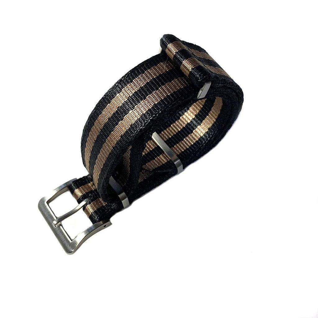 Premium G10 Silk Touch Nylon Black with Light Brown 22mm NATO-style Strap, Two-Stripes,