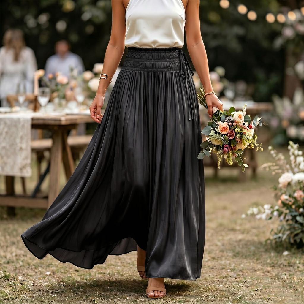 Women’s High Waist Elastic Waistband A-Line Maxi Skirt Flared Hem Loose Fit Lightweight Flowing Fabric Long Skirt for Daily Wear