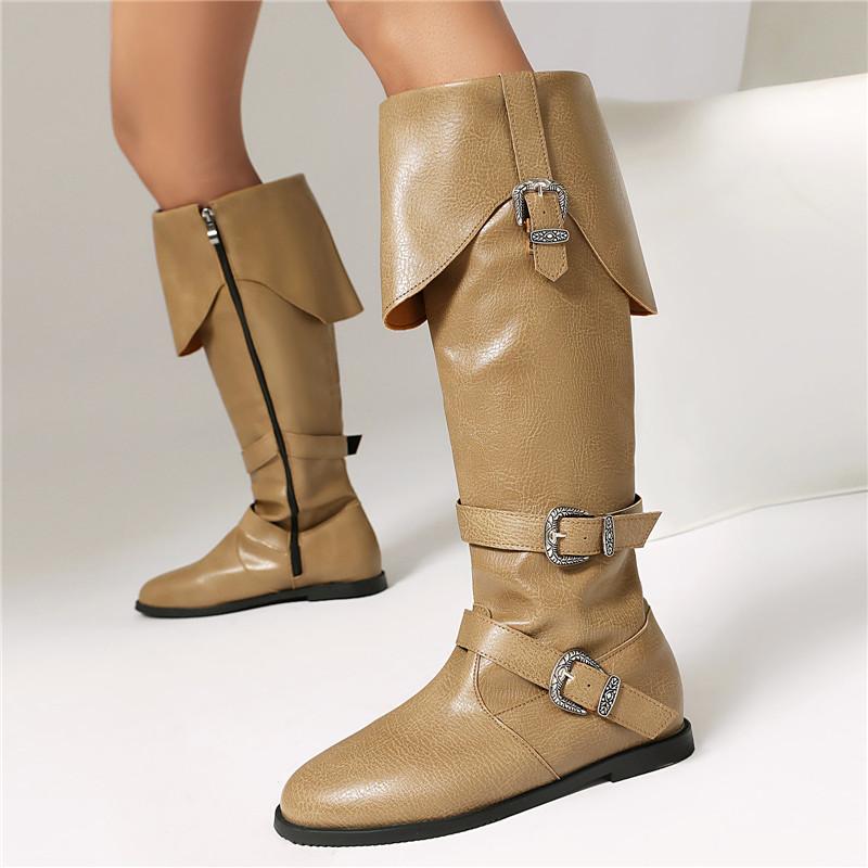 Women's Flat Boots Autumn and Winter New Solid Color Belt Buckle Decorative Large Size Roman Medium Boots