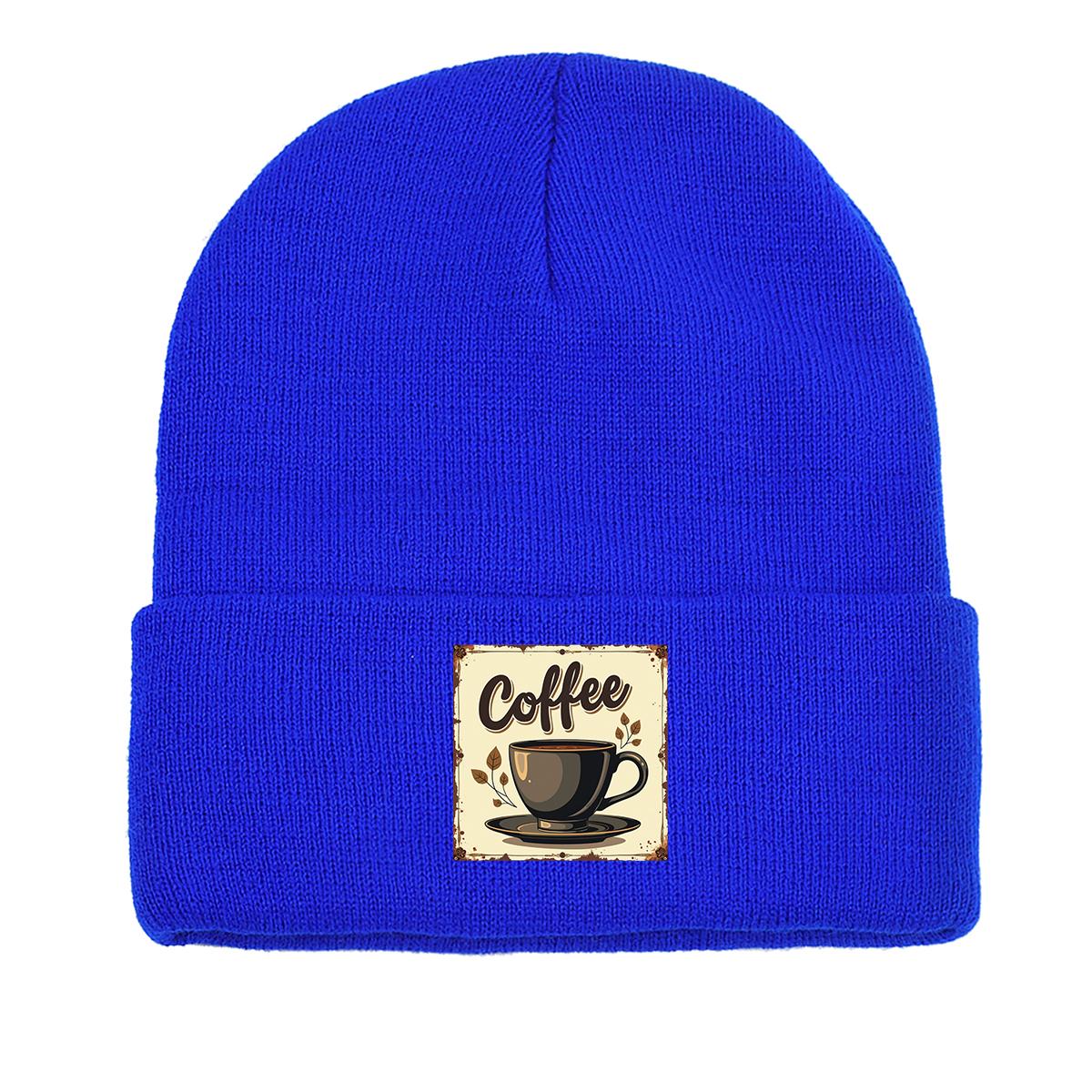 

Шапка бини вязаная с принтом серии COFFEE, свободная повседневная вязаная шапка бини as the picture синий