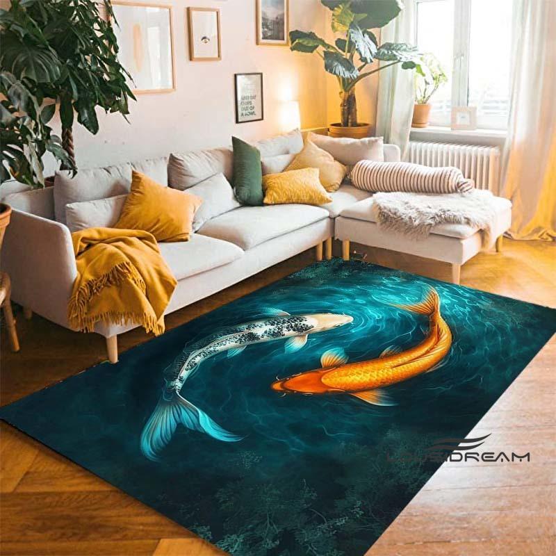 Tappeto Cartoon Lussuoso Pesce Koi Fortunato Yin Yang Carpa per Camera da Letto Soggiorno Divano Tappetino d'Ingresso Casa, Tappetino Pavimento Grande Antiscivolo per Bambini
