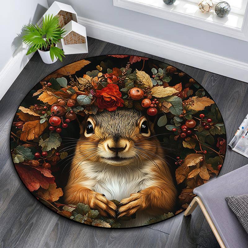 Herbst-Eichhörnchen Runder Teppich, Teppich für Wohnzimmer Schlafzimmer Sofa Spielzimmer Dekor, Rutschfeste Fußmatte