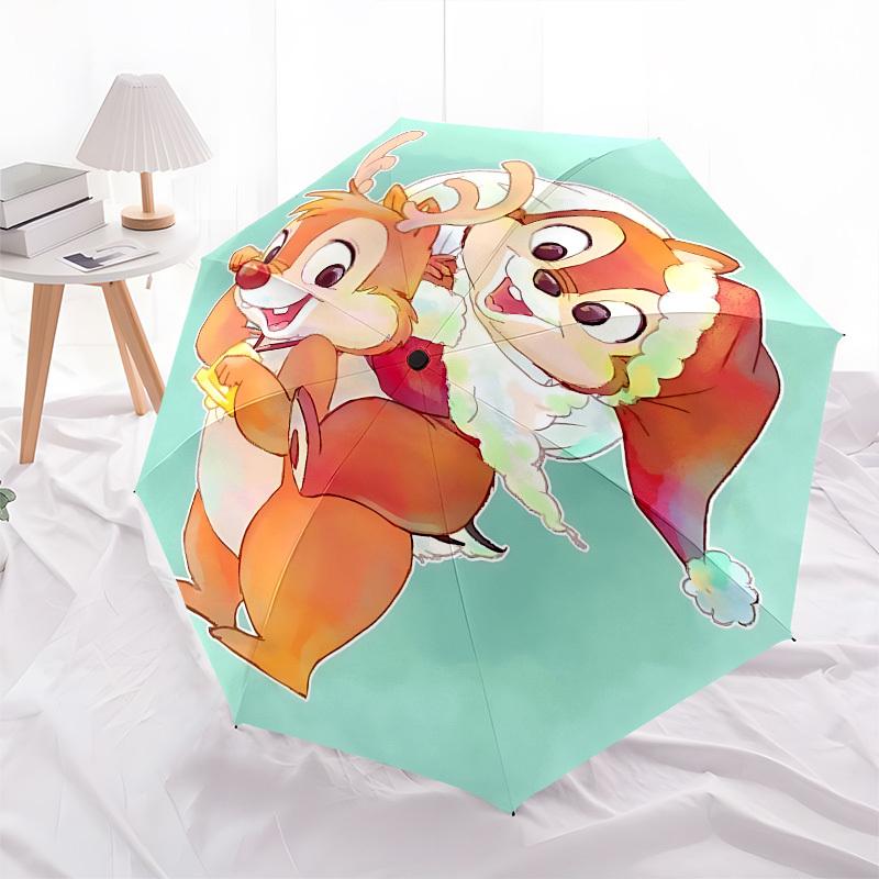 Chips and Dale, Christmas Themed Automatic Opening and Closing Umbrella, Brightly Colored 8-rib Portable Umbrella, Suitable for Men and Women, A Perfe