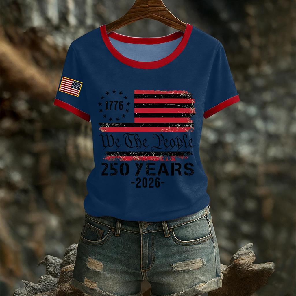 Damski casualowy top T-shirt z krótkim rękawem i okrągłym dekoltem z nadrukiem