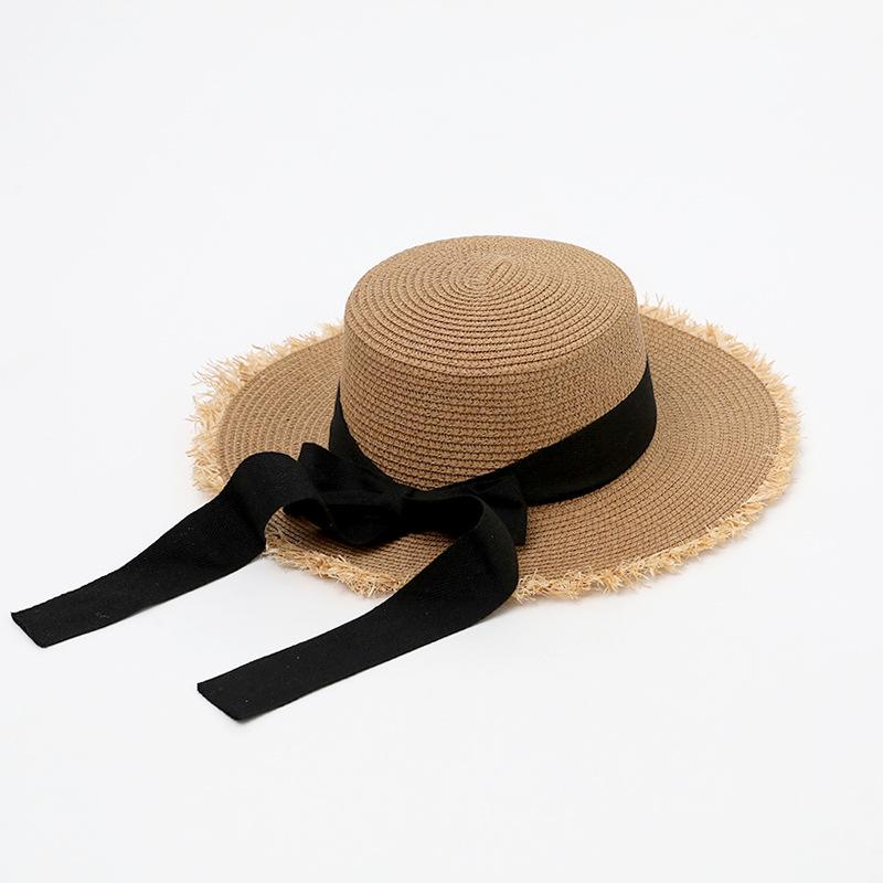 Rough edge straw hat women's summer bow flat top wide brim hat travel beach hat sunshade sun hat