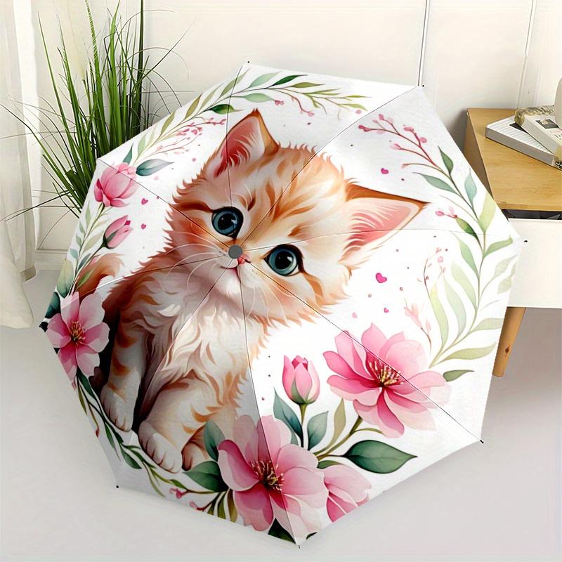 1pc Cats & Flowers Pattern Automatic Cartoon Umbrella is Fashionable and Good-Looking, a Portable 3-Fold Umbrella, Suitable for Travel and D