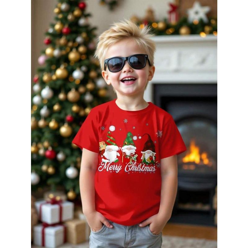 New Boys' T-shirts, Spring and Autumn Children's Colorful Christmas Printed Tops, Baby Base Shirts, Short-sleeved T-shirts