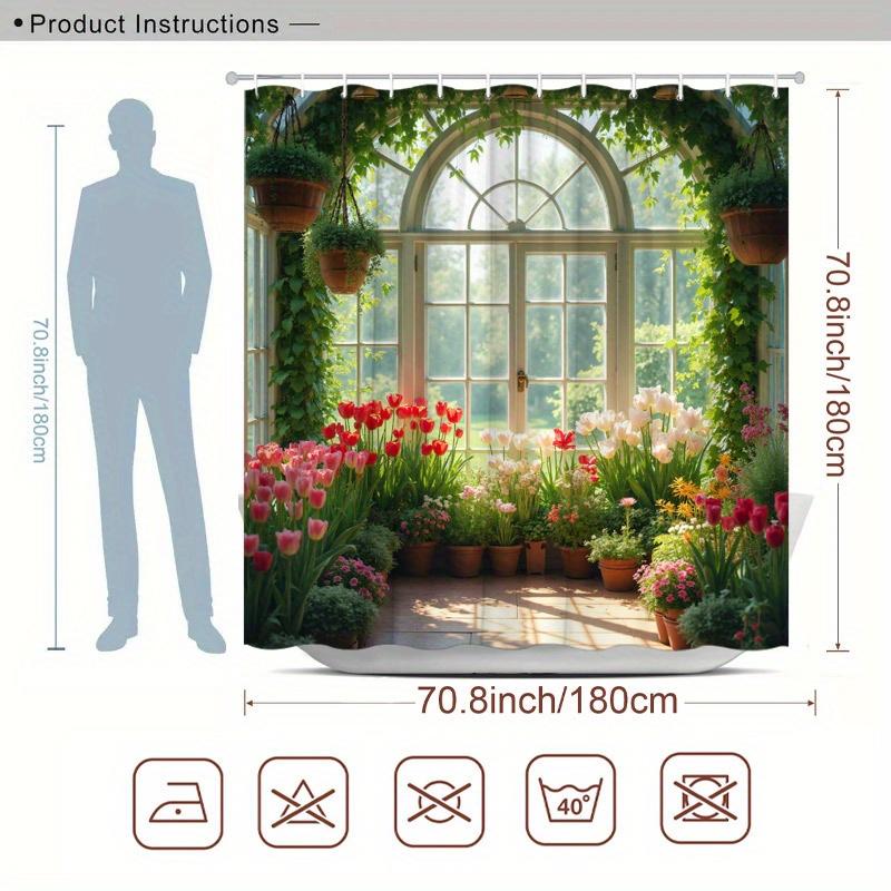 1pc Shower Curtain - Elegant Garden with Arch Window and Blooming Flowers, Perfect for Bathroom Decoration, Bringing