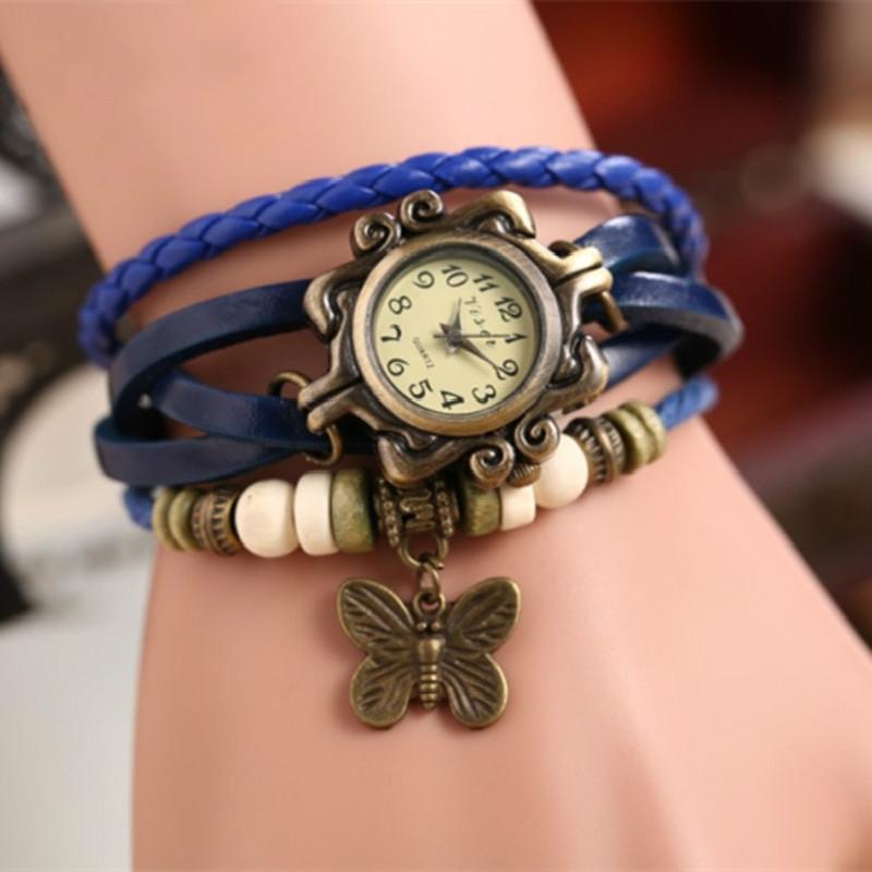 Vintage Cow Leather Watch Women Ladies Fashion Butterfly Beads Dress Quartz Wristwatch
