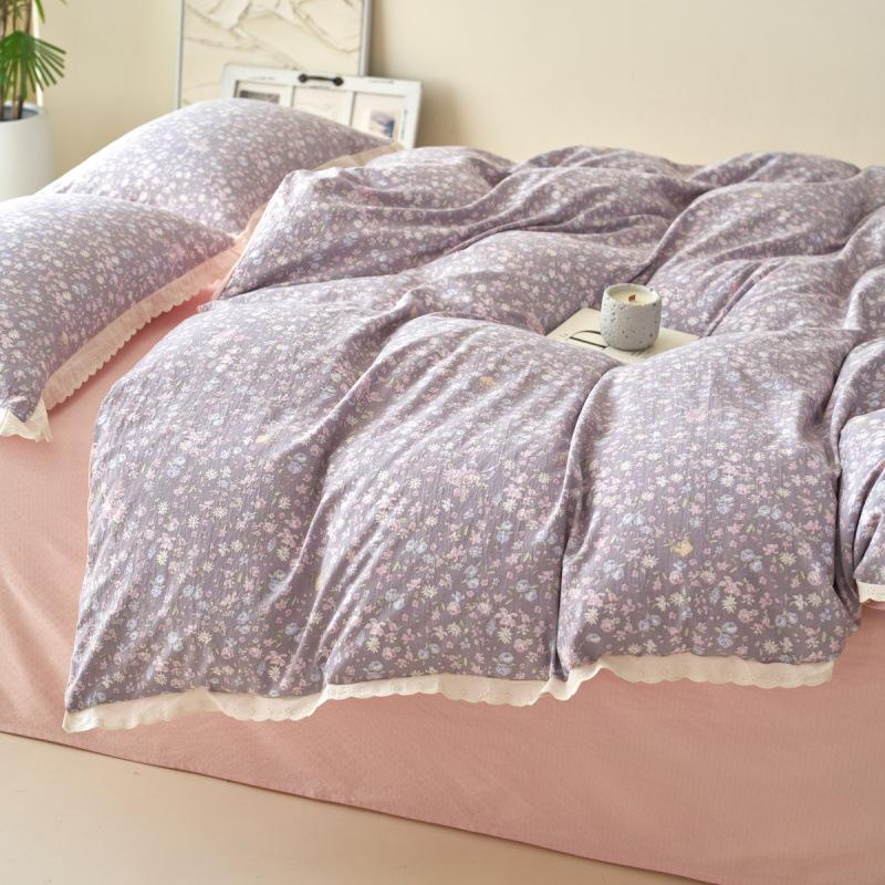 

2025 new double-layer yarn Korean version four-piece set wrinkled cotton edge three-piece set four-season universal bedding kit 1.8m sheet 4pcs гліцинія кольору