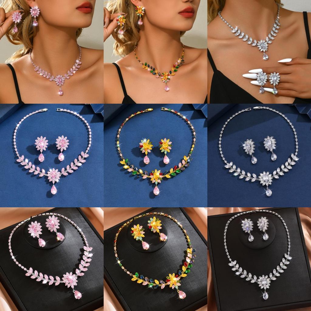 Süßes und liebliches Zirkon-Blumen-Ähren-Halsketten-Ohrring-Set, Braut-Hochzeitskleid, Bankett-Party-Schmuck, Schmuckset
