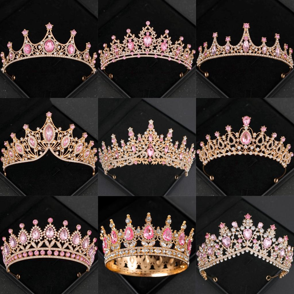 Pink Crystal Tiaras and Crowns Headband for Women Rhinestone Prom Diadem Bridal Wedding Hair Accessories Jewelry Crown Tiara