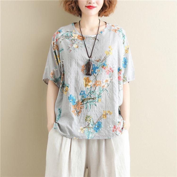 Vintage Printed O-Neck Half Sleeve Shirt Oversized Loose Commute Women's Clothing Summer Fashion Casual Blouse