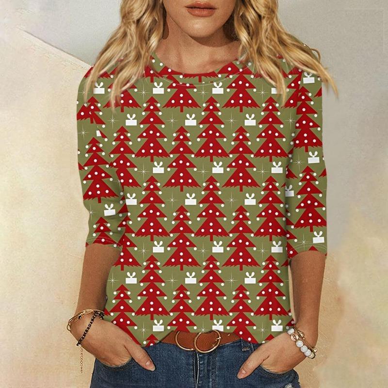 Weihnachten Limitierte Edition Damen 3D Roter Weihnachtsbaum Aufdruck Rundhals Langarm T-Shirt Mode Lässig Langarm Oberteil