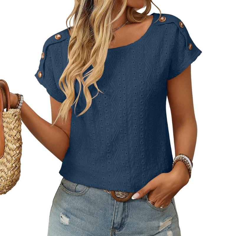 Women's Spring and Summer New Solid Colour Round Neck Button Short-sleeved T-shirt Hollowed Out Tops
