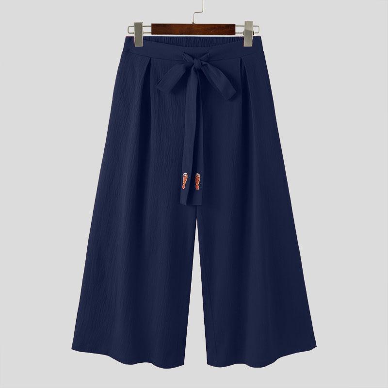 

INCERUN Винтажные мужские вышитые бандажные широкие брюки повседневные эластичные свободные мешковатые брюки S