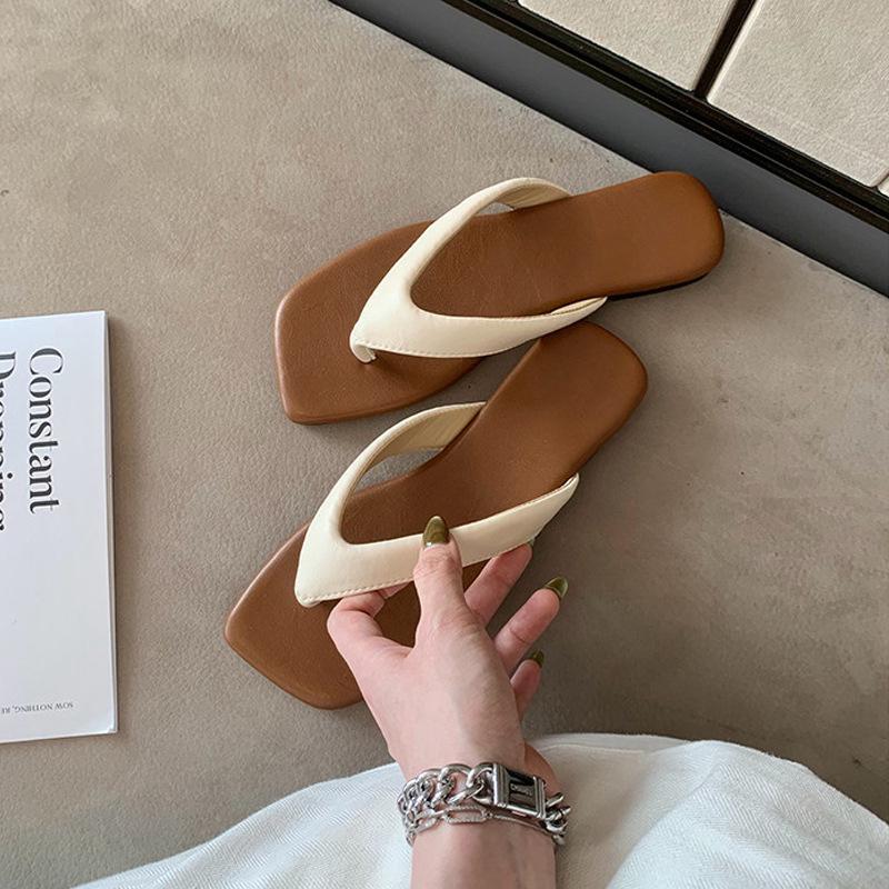 Korean Style Women's Square Toe Non-Slip Summer Sandals - Casual French Thong Flip-Flops for Outdoor Wear