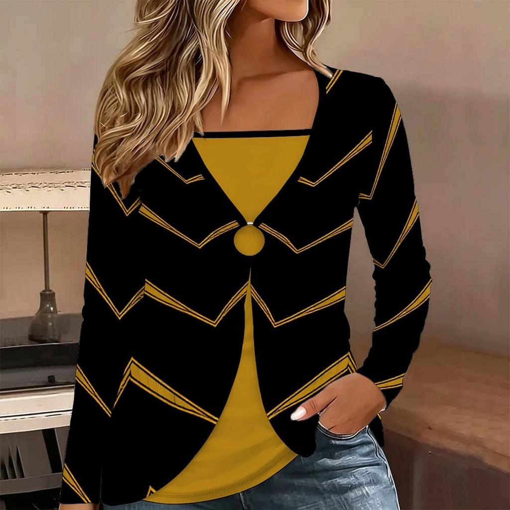 Tops for Women Geometric Pattern Print Long Sleeve Fake Two‑Piece Top Fall Casual Slim Pullover Women's Long Sleeve Top