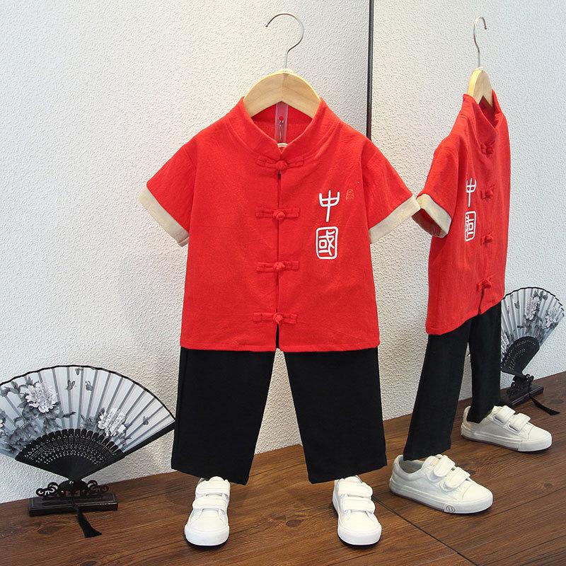 Completo Estivo da Ragazzo a Maniche Corte Stile Cinese per Bambini Hanbok Bello Completo Tang Cotone Lino Sezione Sottile di Abbigliamento Antico