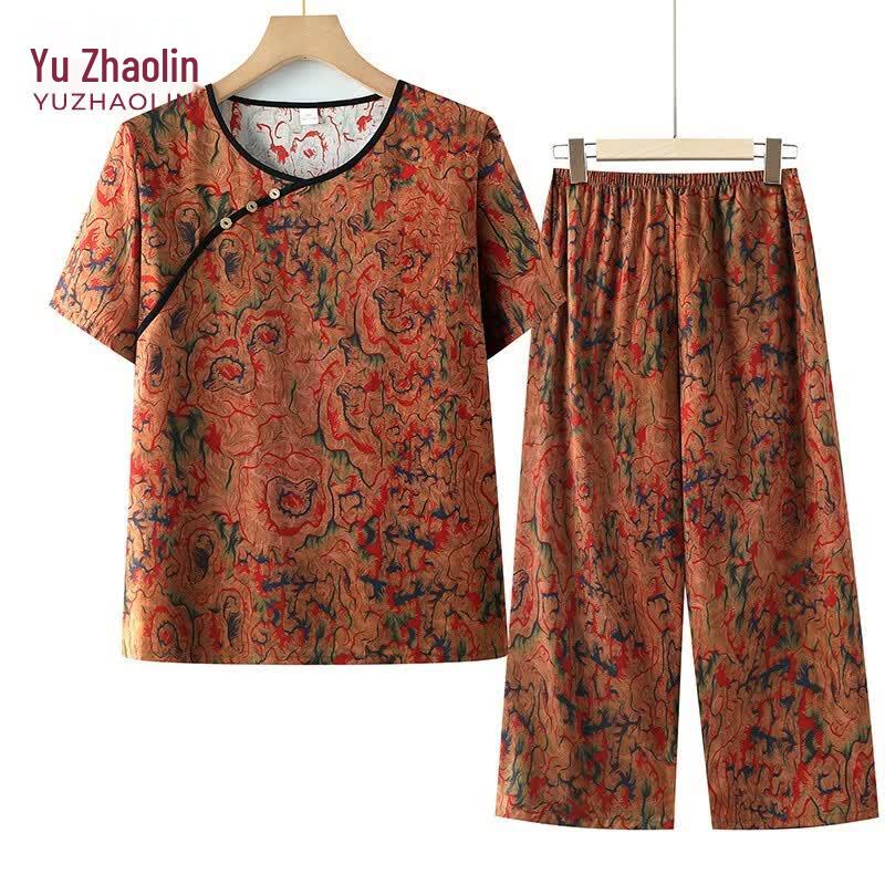 

YUZHAOLIN Women s Mid-Aged Chinese Retro Button Summer Top & Pants Set 2XL