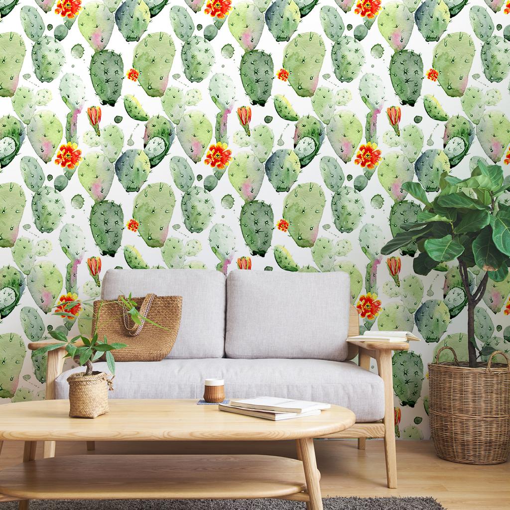 1pc Watercolor Cactus & Green White Floral Peel And Stick Removable Wallpaper Self-Adhesive for Bedroom Home Decor