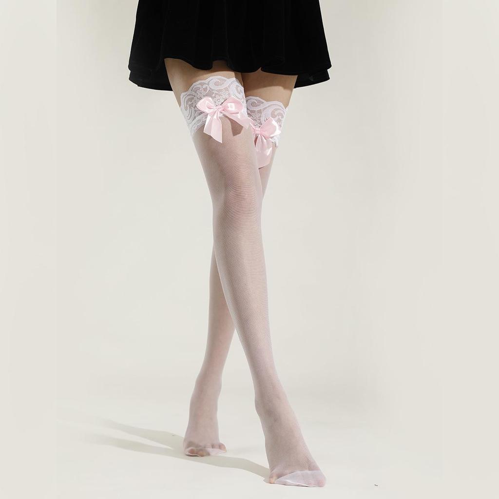 Elegant Bow-Accent Sheer Black Stockings: Sexy Lace Over-the-Knee Socks for Spring/Summer
