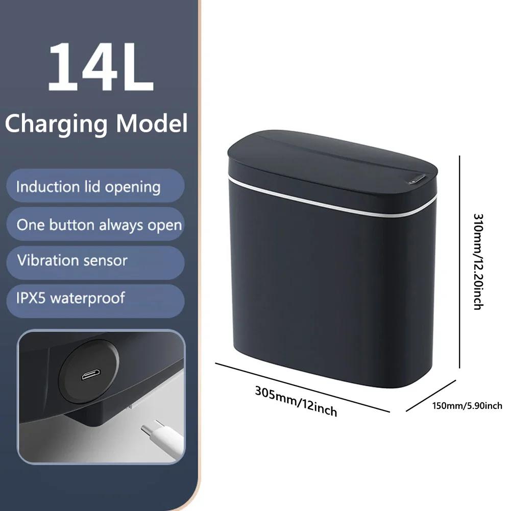 14L Automatic Trash Bin with Lid Intelligent Touchless Trash Can IPX5 Waterproof Electric Garbage Bin for Narrow Space Bathroom