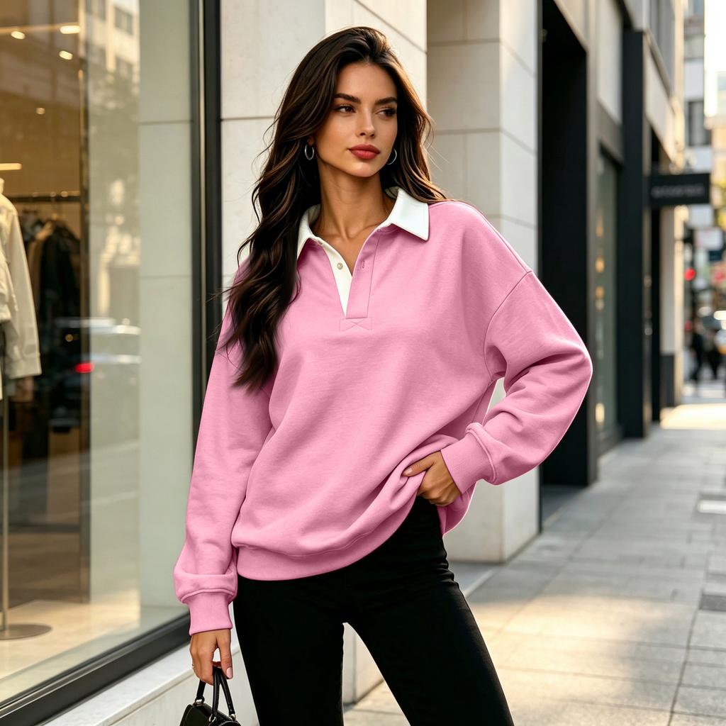 Women's Casual V-Neck Long Sleeve Color Pullover Sweatshirt for Everyday Wear