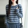 Women's Green Striped Retro Knit Cardigan – Lazy Style Long Sleeve Short Sweater for Autumn
