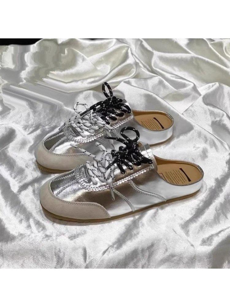 

Модные женские летние полушлепанцы Baotou для улицы 2025 Новые с двойной шнуровкой, ленивые, на каблуке на одну ногу, крутые шлепанцы 40 серебряный