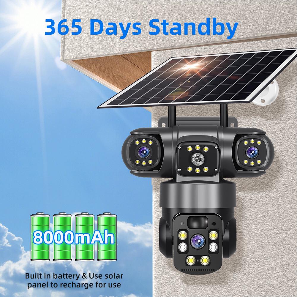 9MP Full HD Solar WiFi Camera 3 Screen 3 Lens 10X Zoom PIR Human Detect Camera Surveillance Night Vision Security Protection