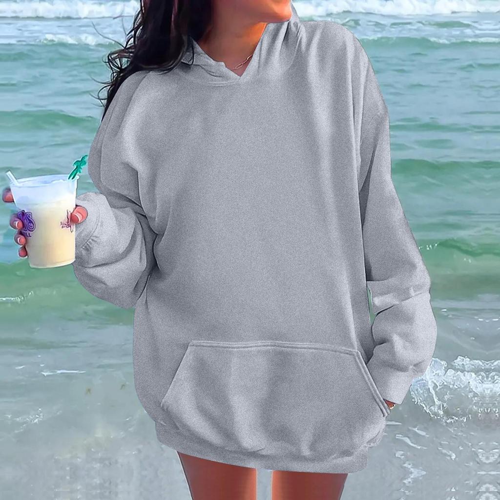 Ladies' Fashionable Casual Long Sleeved Round Neck Hooded Solid Color Hoodie With Threaded Thread