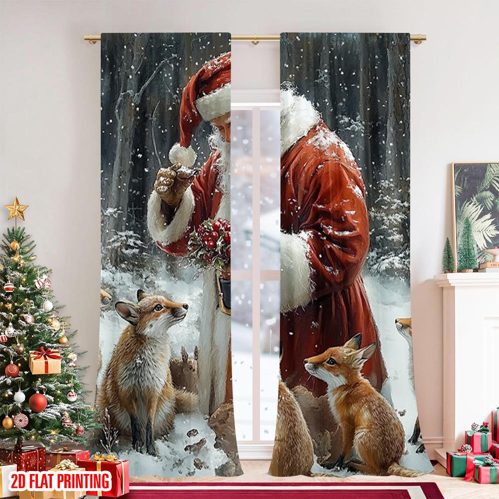 Set Of 2 Flat Printing Christmas Window Drapes Animals Versatile Fabric Without Electricity Festive Curtains Use Curtain Polyester