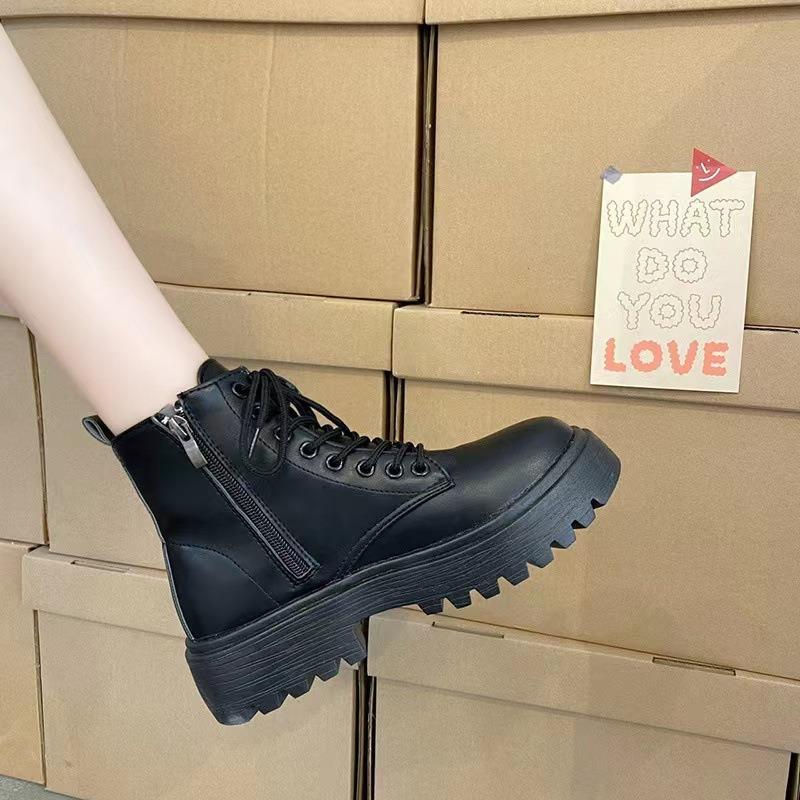Black front lace-up Martin boots women's summer new thick-soled heightening short boots thin boots