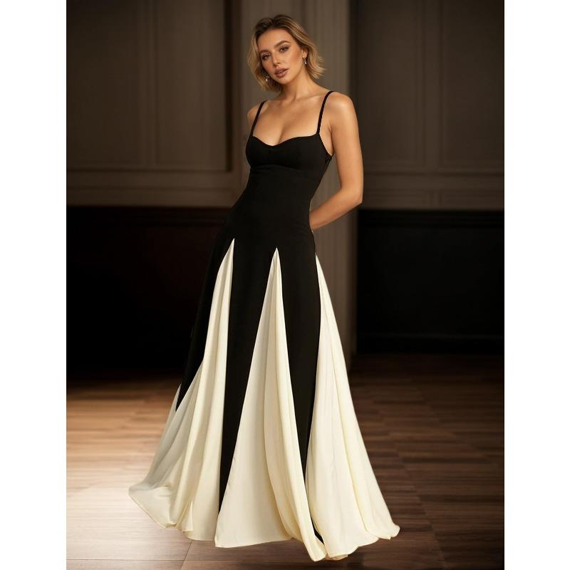 Women's Black White Color Block Maxi Dress Spaghetti Strap Sleeveless Fit and Flare Elegant Long Dress
