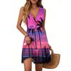 Women's Summer Dress V Neck Sleeveless Casual Hawaiian Print Hem Pleated Dress