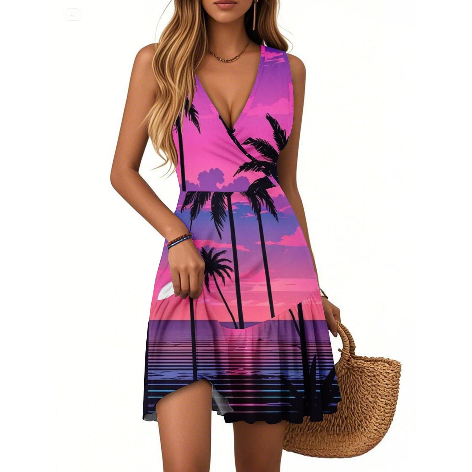 

Женское летнее платье с V-образным вырезом, без рукавов, повседневное, с гавайским принтом, плиссированное по подолу L фиолетовый