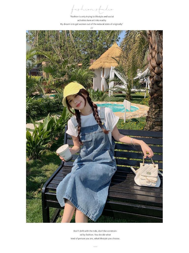 2025 Summer Casual T-Shirt and Denim Overall Skirt Set for Women