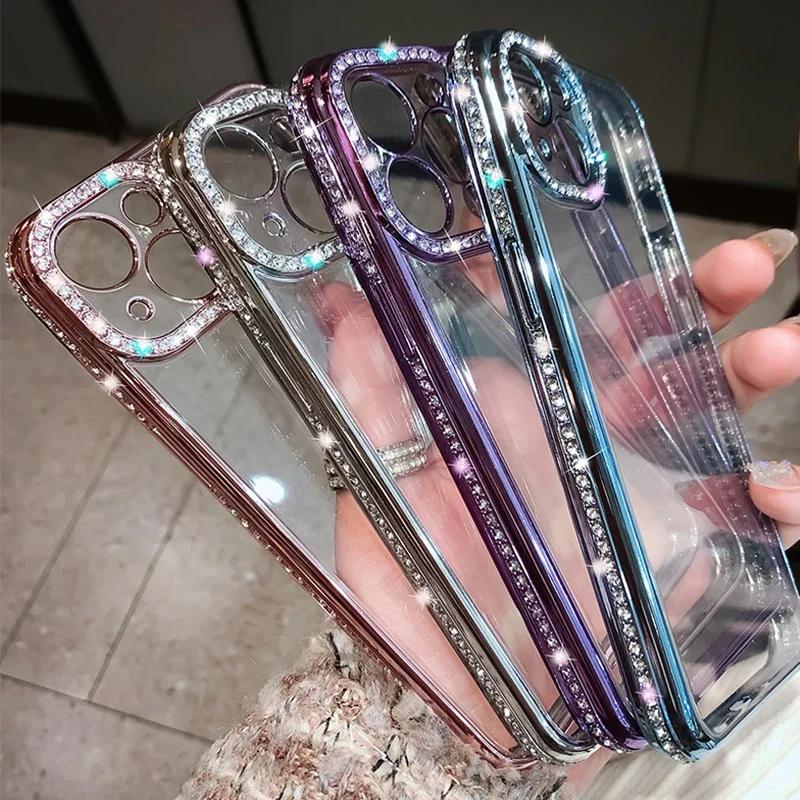 Luxury Plating Glitter Diamond Transparent Case For iPhone 16 15 16E 12 14 13 Pro Max Plus Female Soft Silicone Shockproof Cover