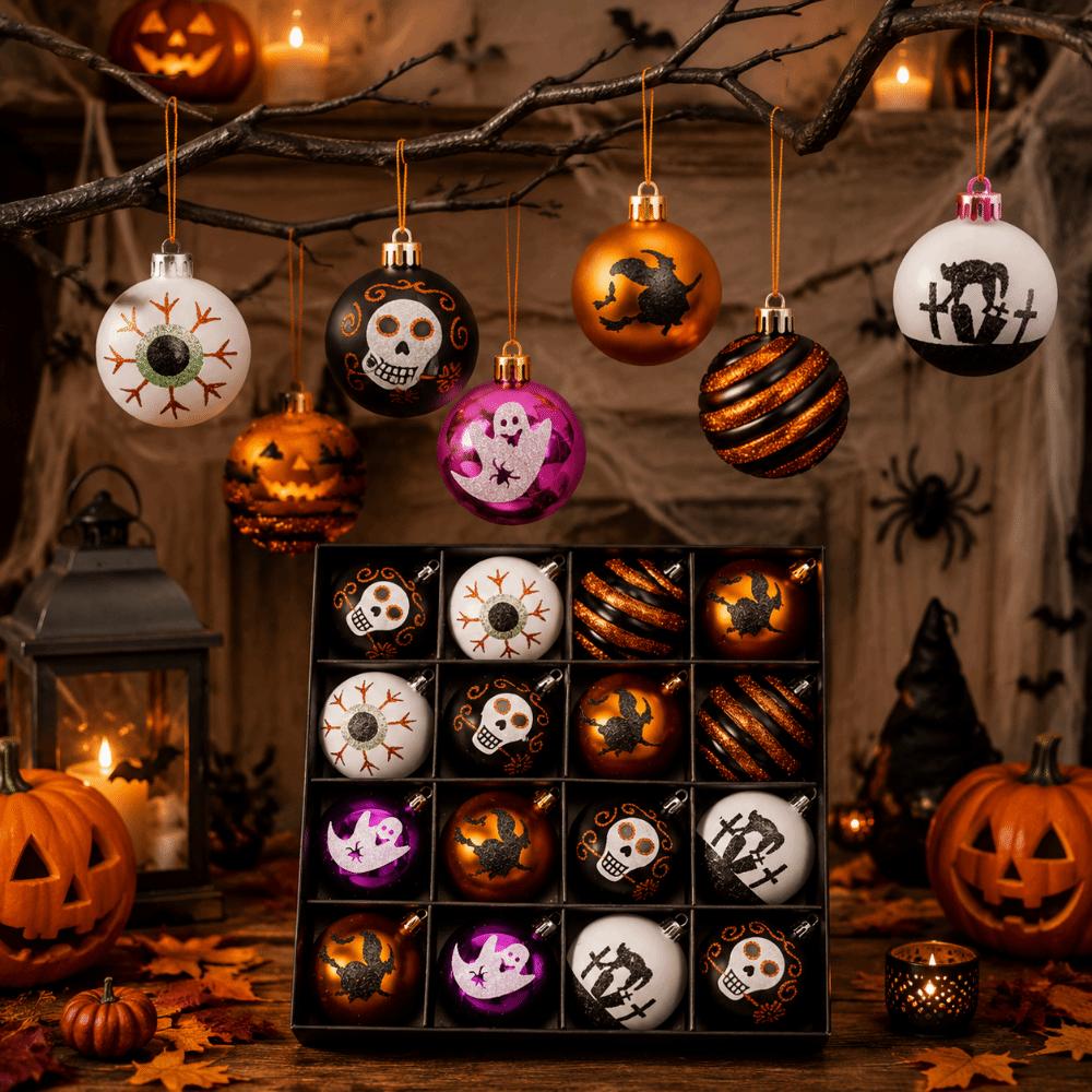 16Pcs/Set Plastic Halloween Hanging Ball Pendant Painted Tree Pendant Ornament Haunted House