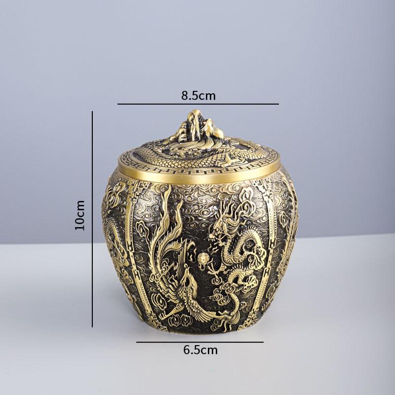 Brass Tea Caddy With Dragon Phoenix Motif Airtight Storage Jar Puer Loose Leaf Vintage Luxury Design